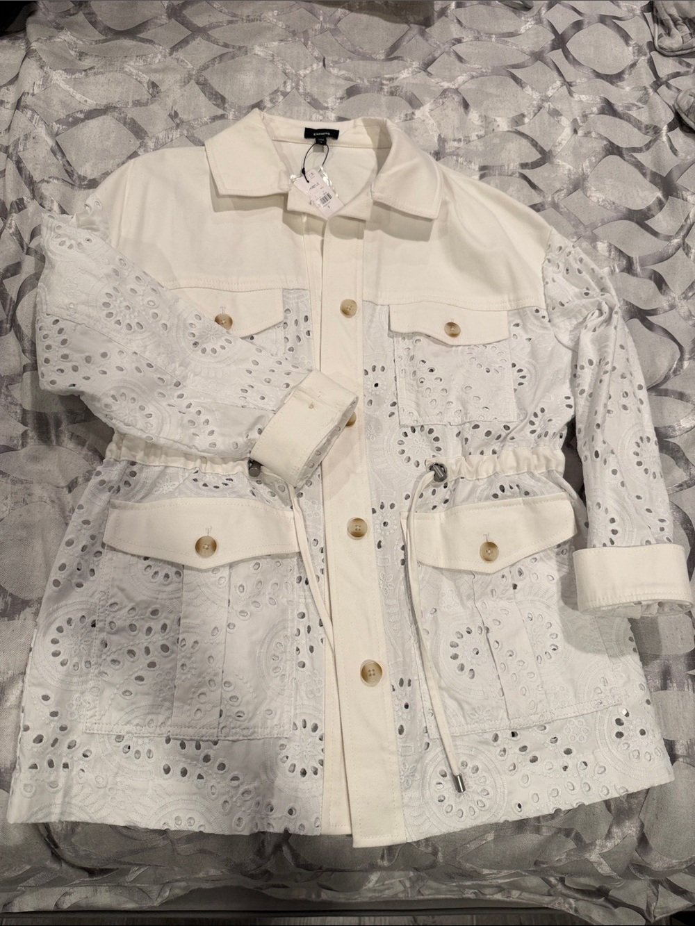 Express White Eyelet Drawstring Utility Jacket